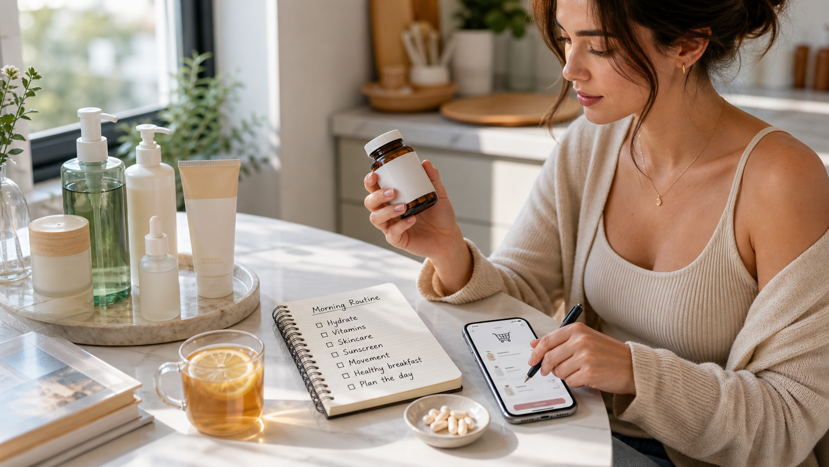 A woman arranging daily wellness essentials with skincare, sunscreen, supplements, tea, and a routine checklist