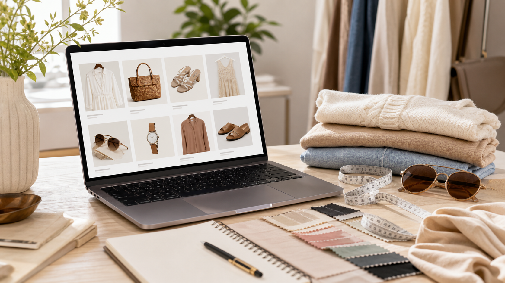 A modern online fashion shopping setup with a laptop, clothing accessories, fabric swatches, and a notebook