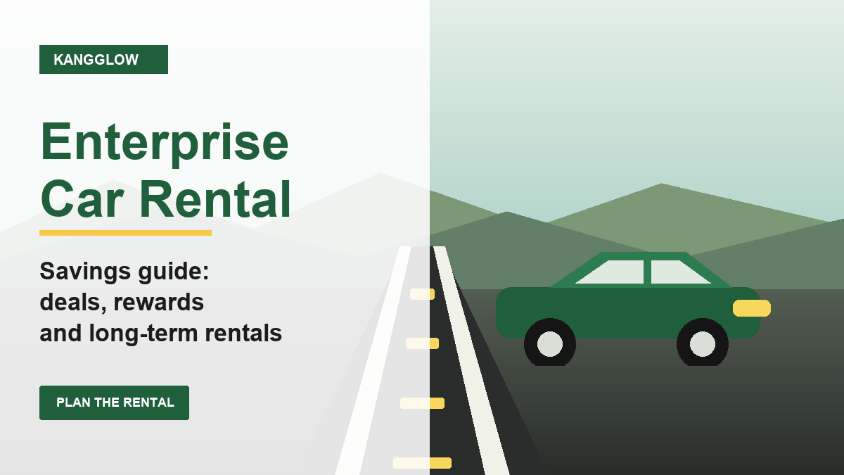 Enterprise car rental savings guide illustration with road and car