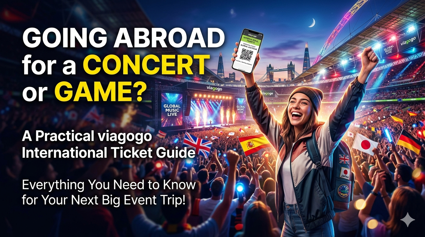 International travel ticket guide illustration with passport, city map, and live event lights