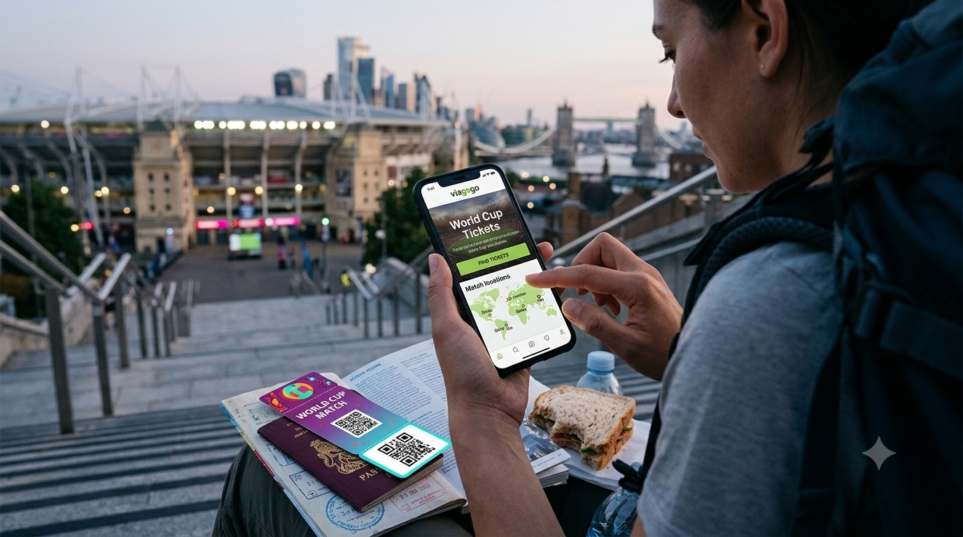 Traveler checking World Cup tickets on a phone near a stadium