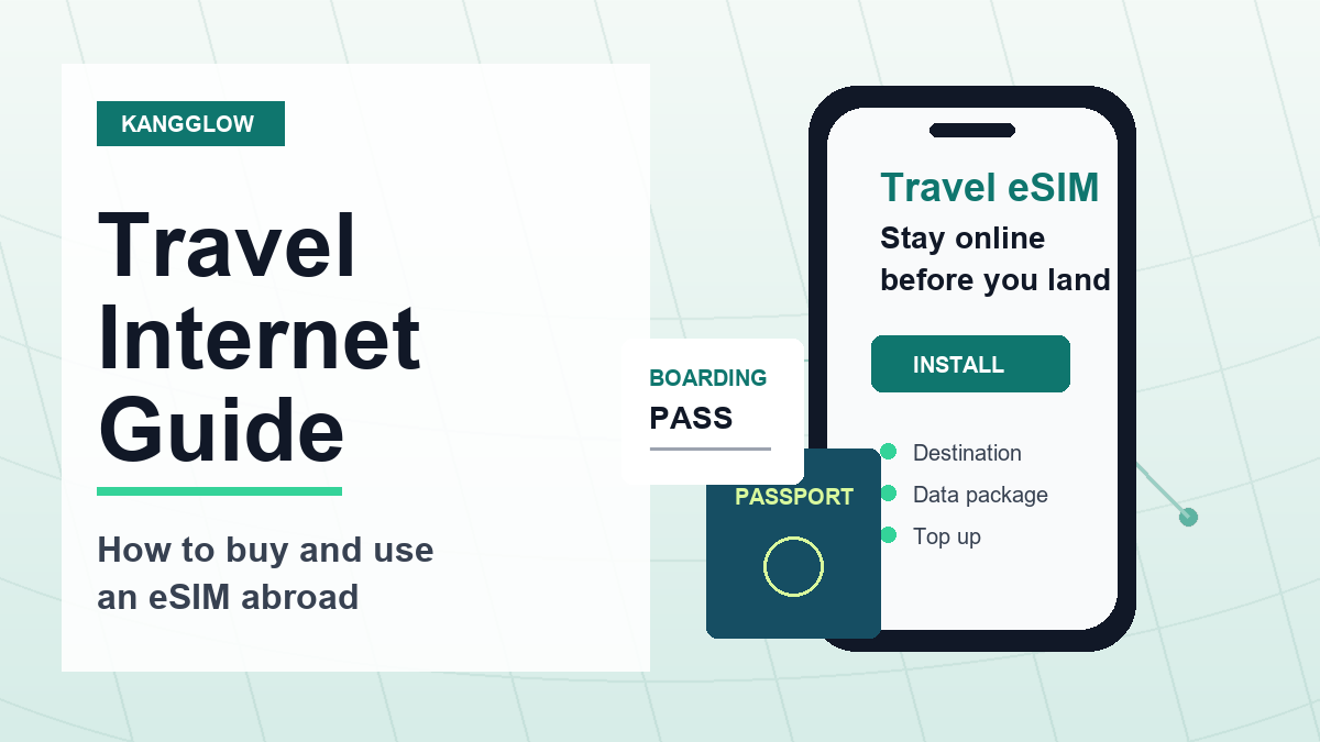 Travel eSIM beginner guide illustration with smartphone, passport and map