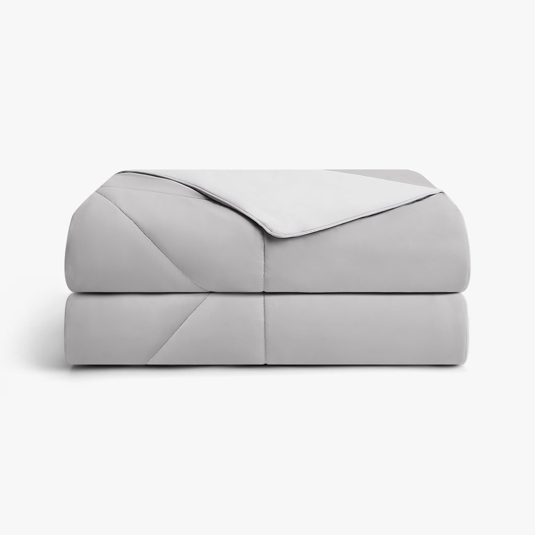 Folded gray Dore and Rose Aeris cooling comforter